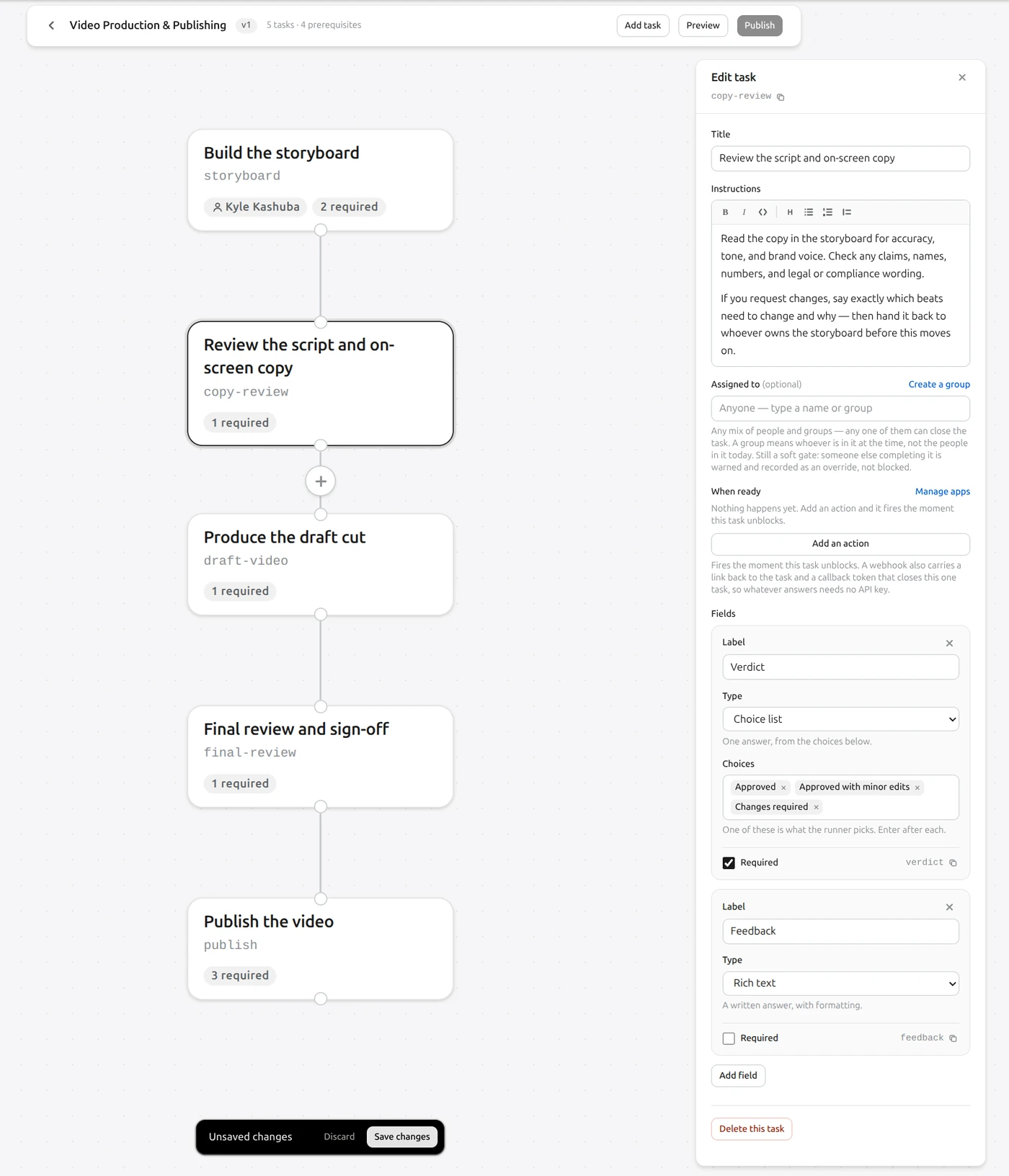 The Flightplan builder: a task graph on the canvas with the Edit task panel open beside it.
